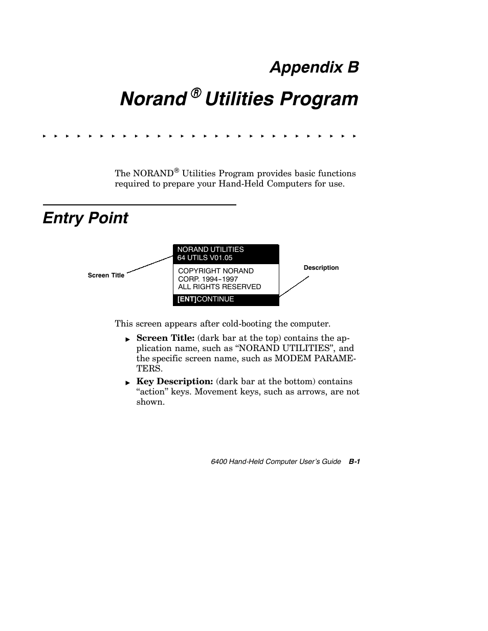 Norand, Utilities program, Appendix b | Entry point, The norand | Intermec 6400 User Manual | Page 151 / 196
