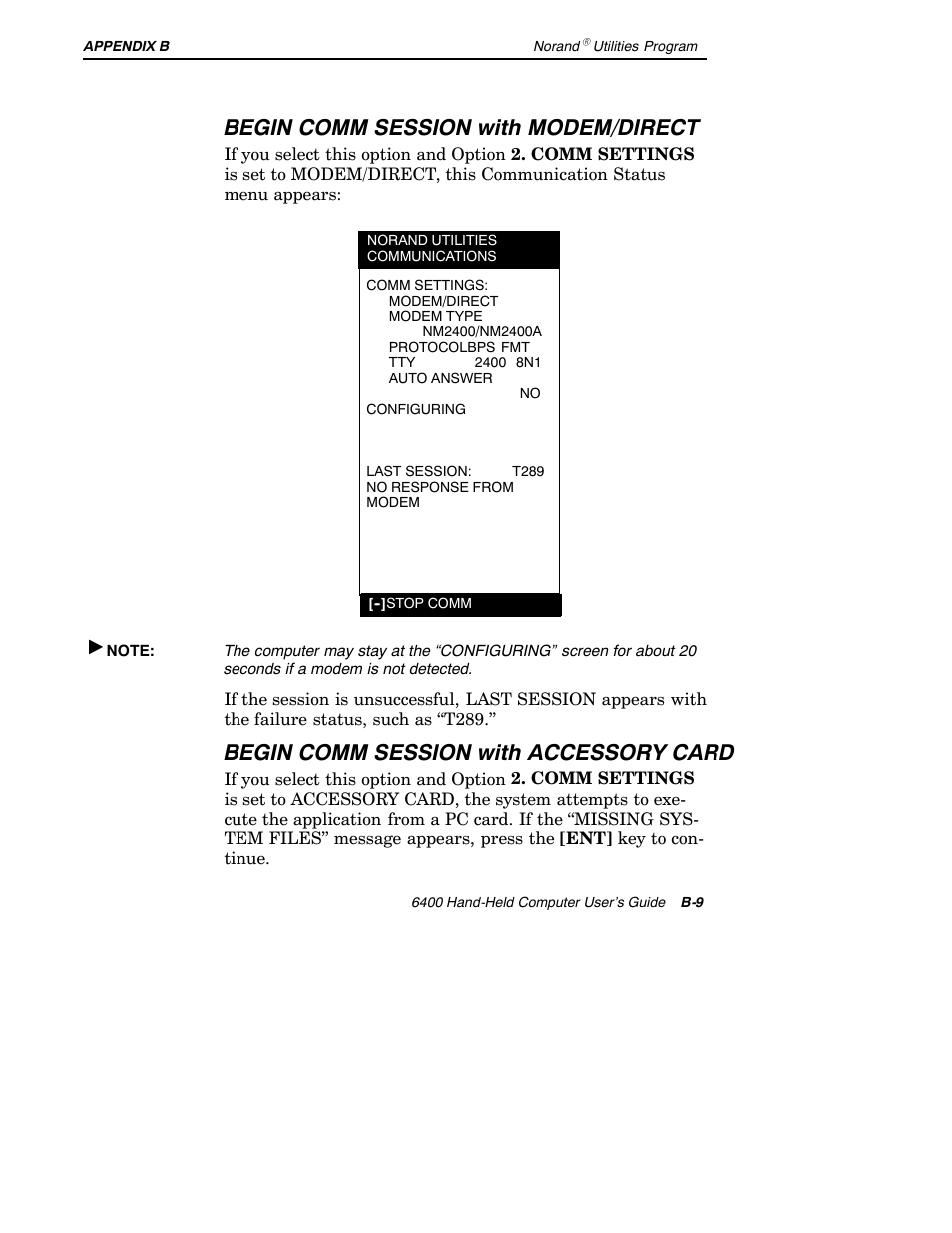 Begin comm session with modem/direct, Begin comm session with accessory card | Intermec 6400 User Manual | Page 159 / 196