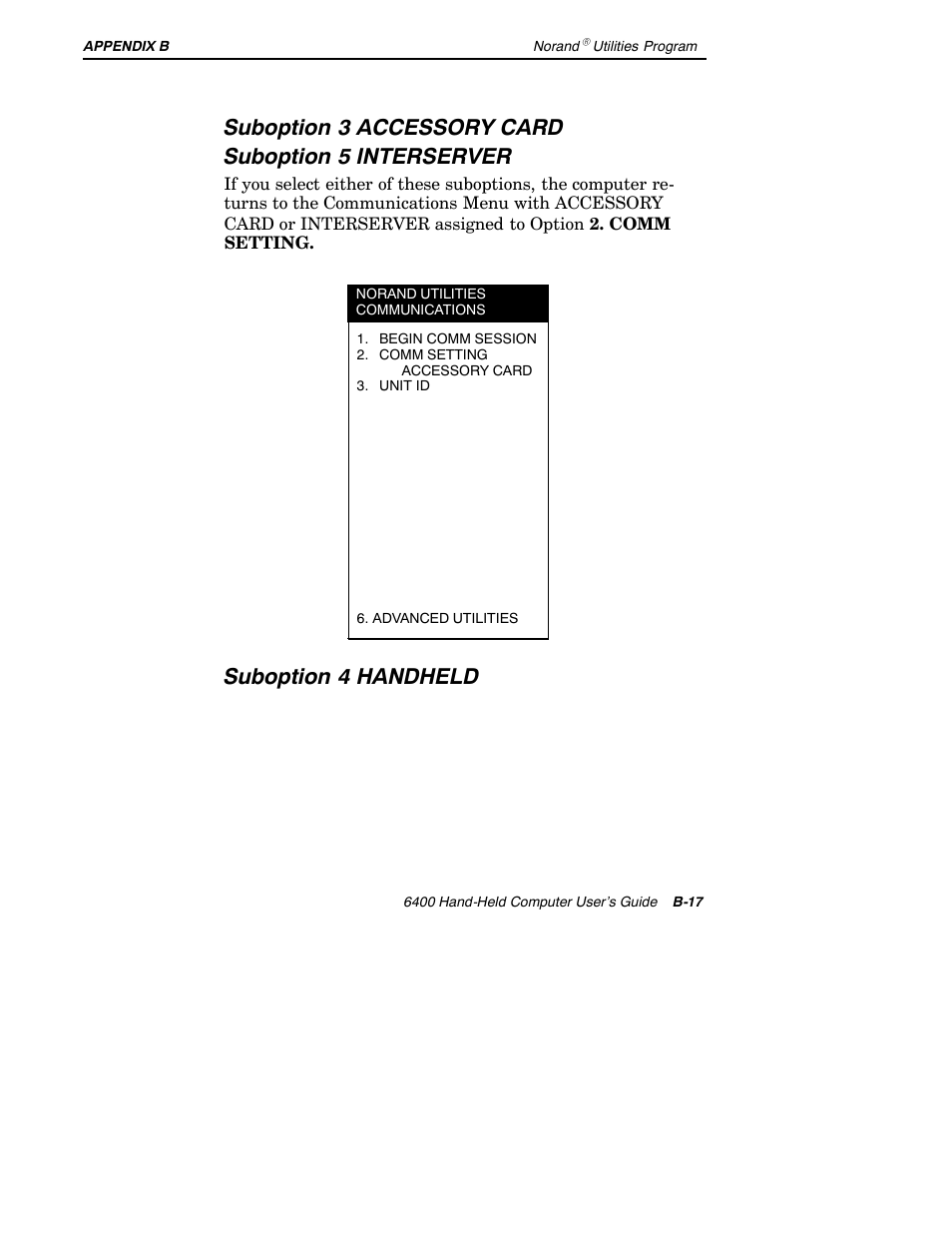 Suboption 3 accessory card suboption 5 interserver, Suboption 4 handheld | Intermec 6400 User Manual | Page 167 / 196