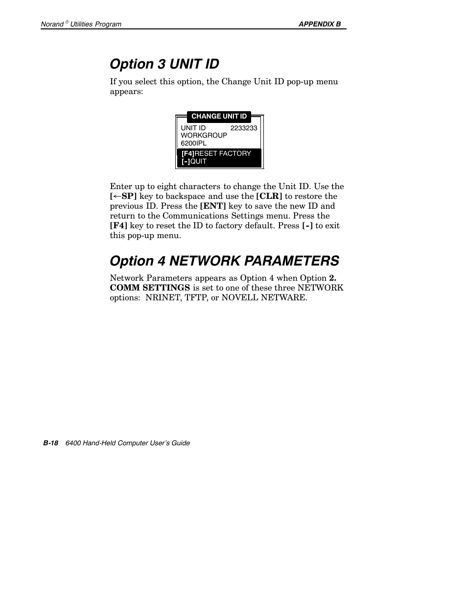 Option 3 unit id, Option 4 network parameters | Intermec 6400 User Manual | Page 168 / 196
