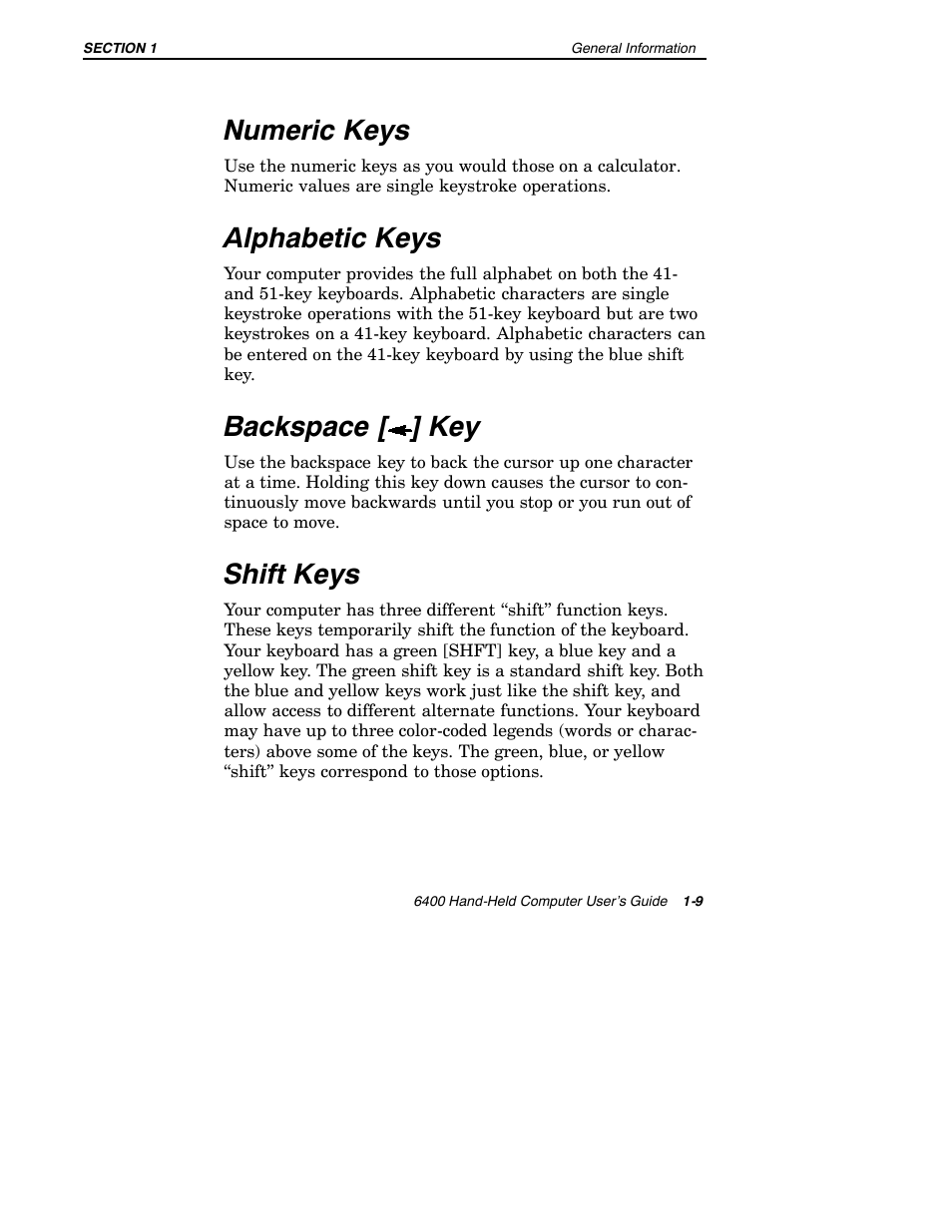 Numeric keys, Alphabetic keys, Backspace [ ] key | Shift keys | Intermec 6400 User Manual | Page 17 / 196
