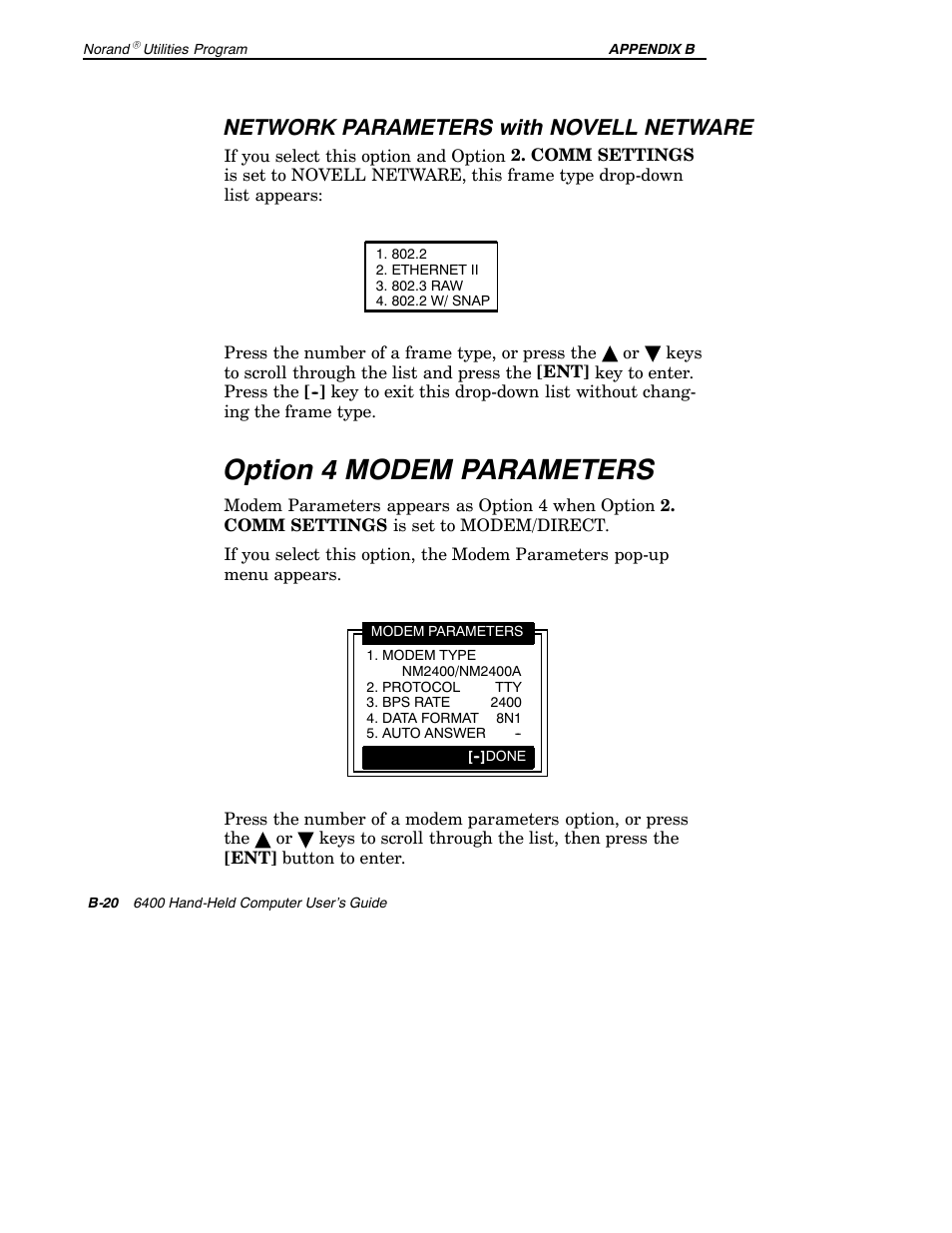 Option 4 modem parameters, Network parameters with novell netware | Intermec 6400 User Manual | Page 170 / 196