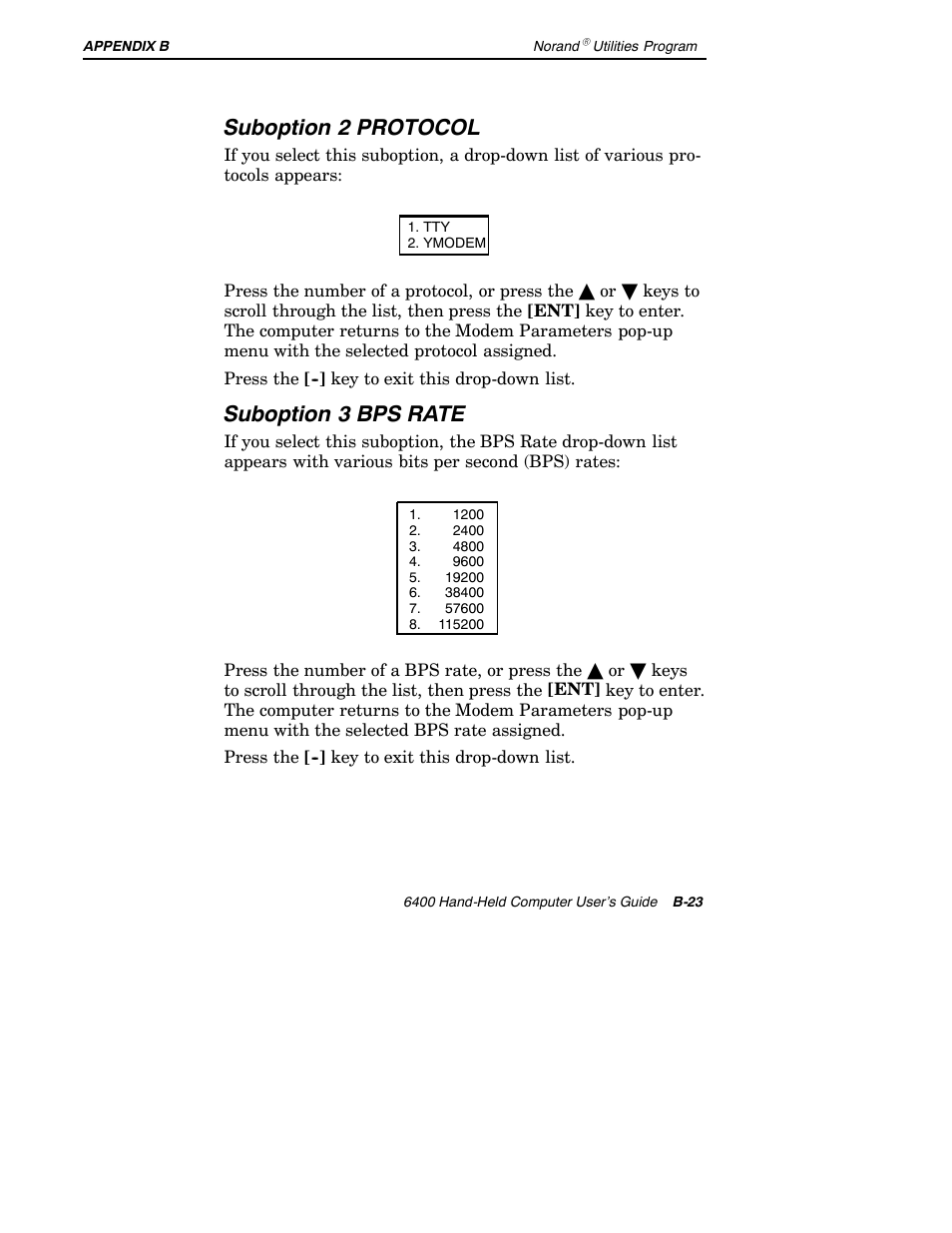 Suboption 2 protocol, Suboption 3 bps rate | Intermec 6400 User Manual | Page 173 / 196