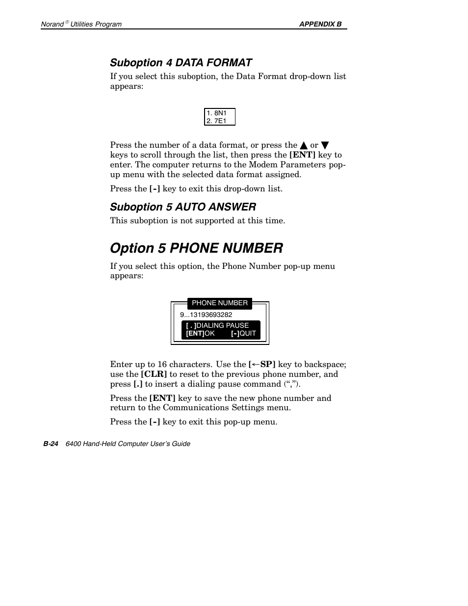 Option 5 phone number, Suboption 4 data format, Suboption 5 auto answer | Intermec 6400 User Manual | Page 174 / 196