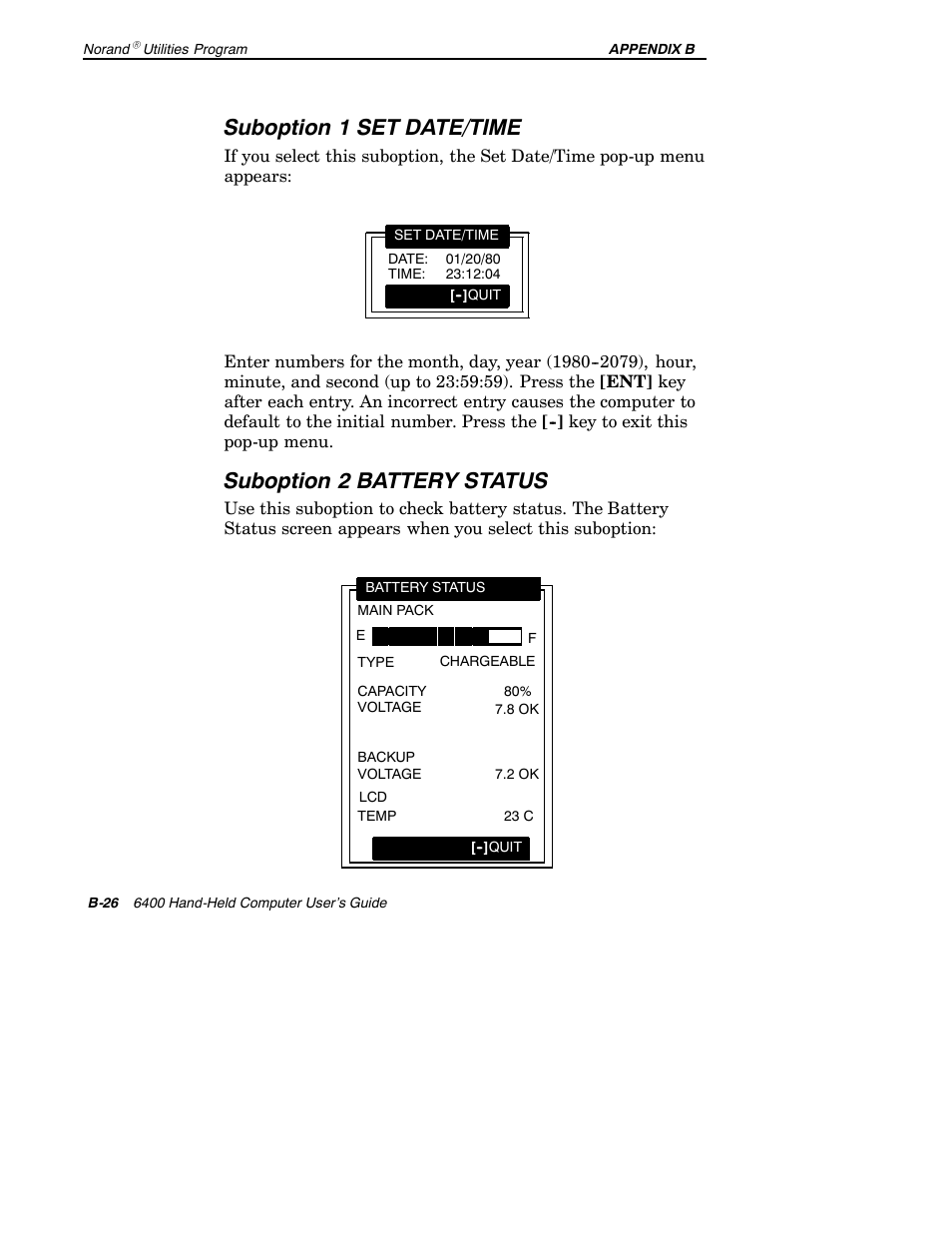 Suboption 1 set date/time, Suboption 2 battery status | Intermec 6400 User Manual | Page 176 / 196