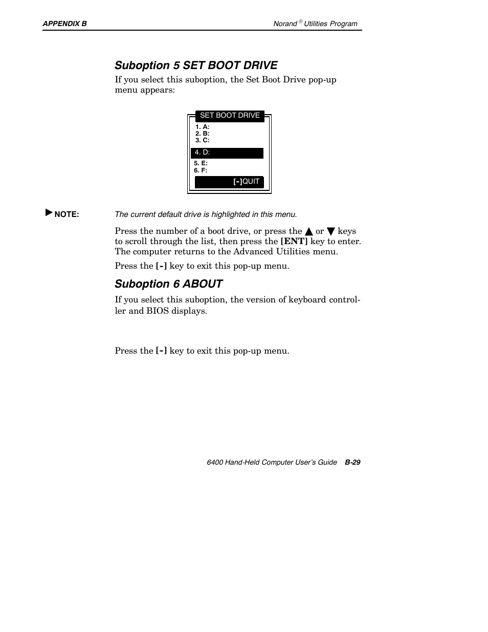 Suboption 5 set boot drive, Suboption 6 about | Intermec 6400 User Manual | Page 179 / 196
