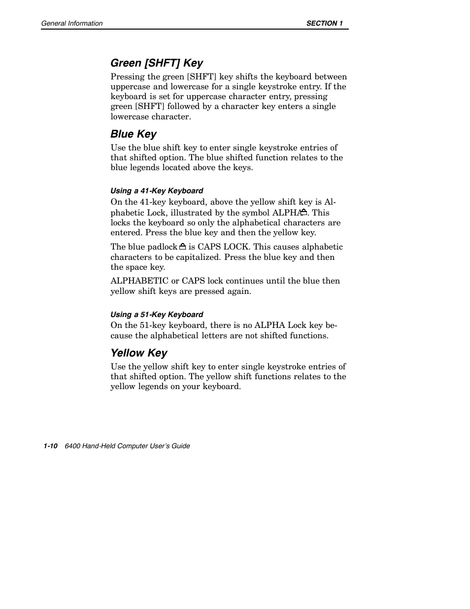 Green [shft] key, Blue key, Yellow key | Intermec 6400 User Manual | Page 18 / 196