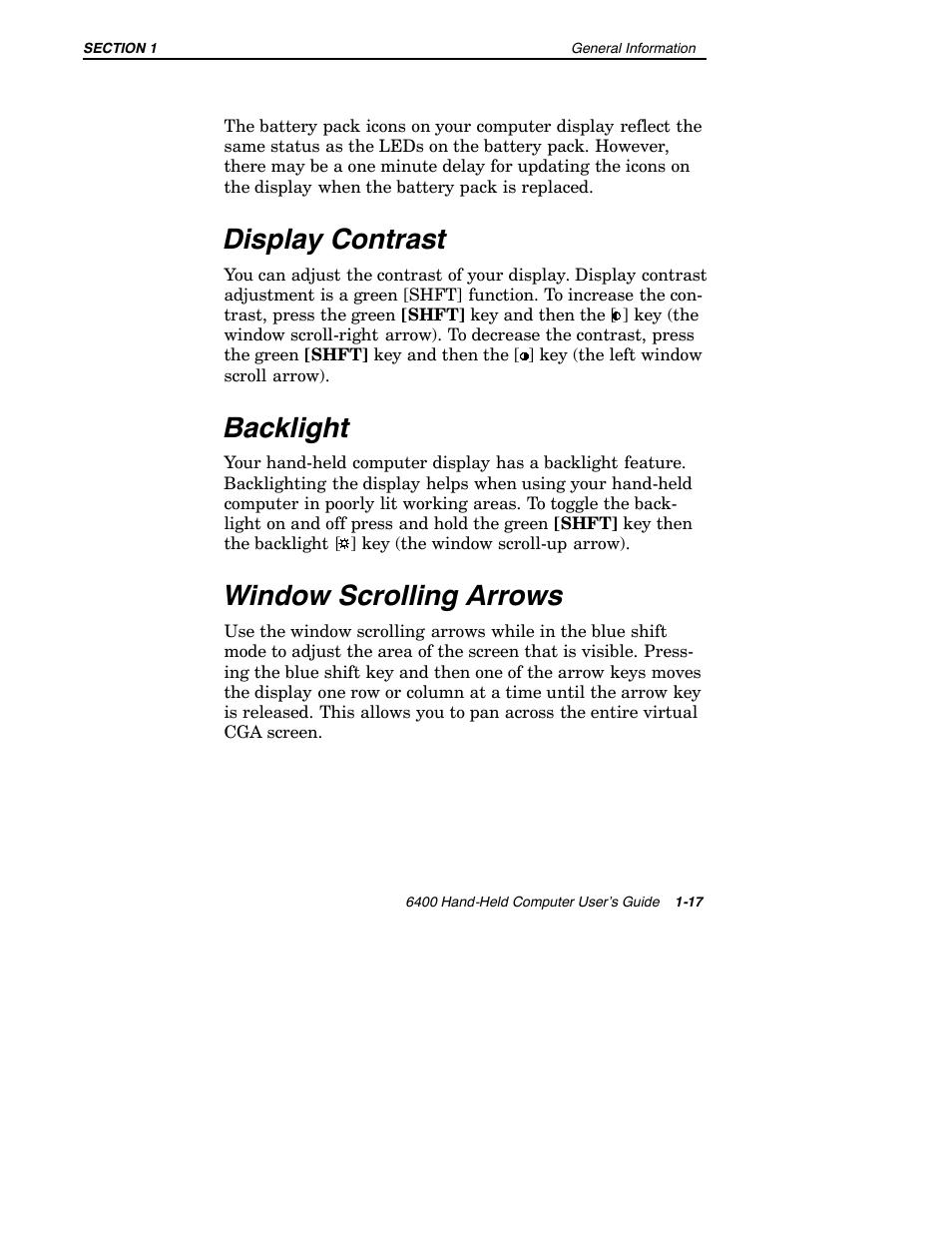 Display contrast, Backlight, Window scrolling arrows | Intermec 6400 User Manual | Page 25 / 196