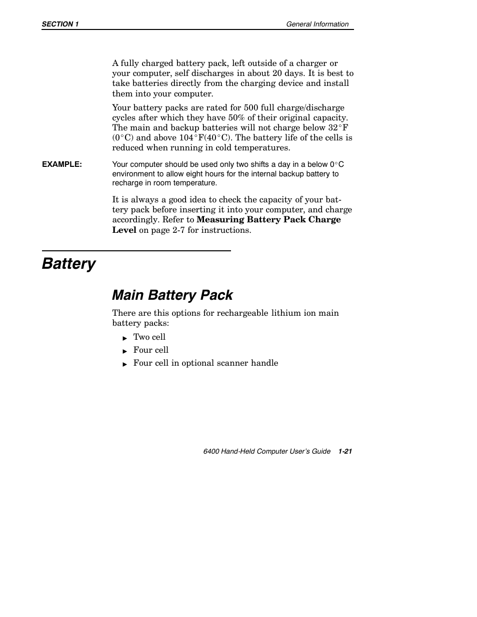 Battery, Main battery pack | Intermec 6400 User Manual | Page 29 / 196