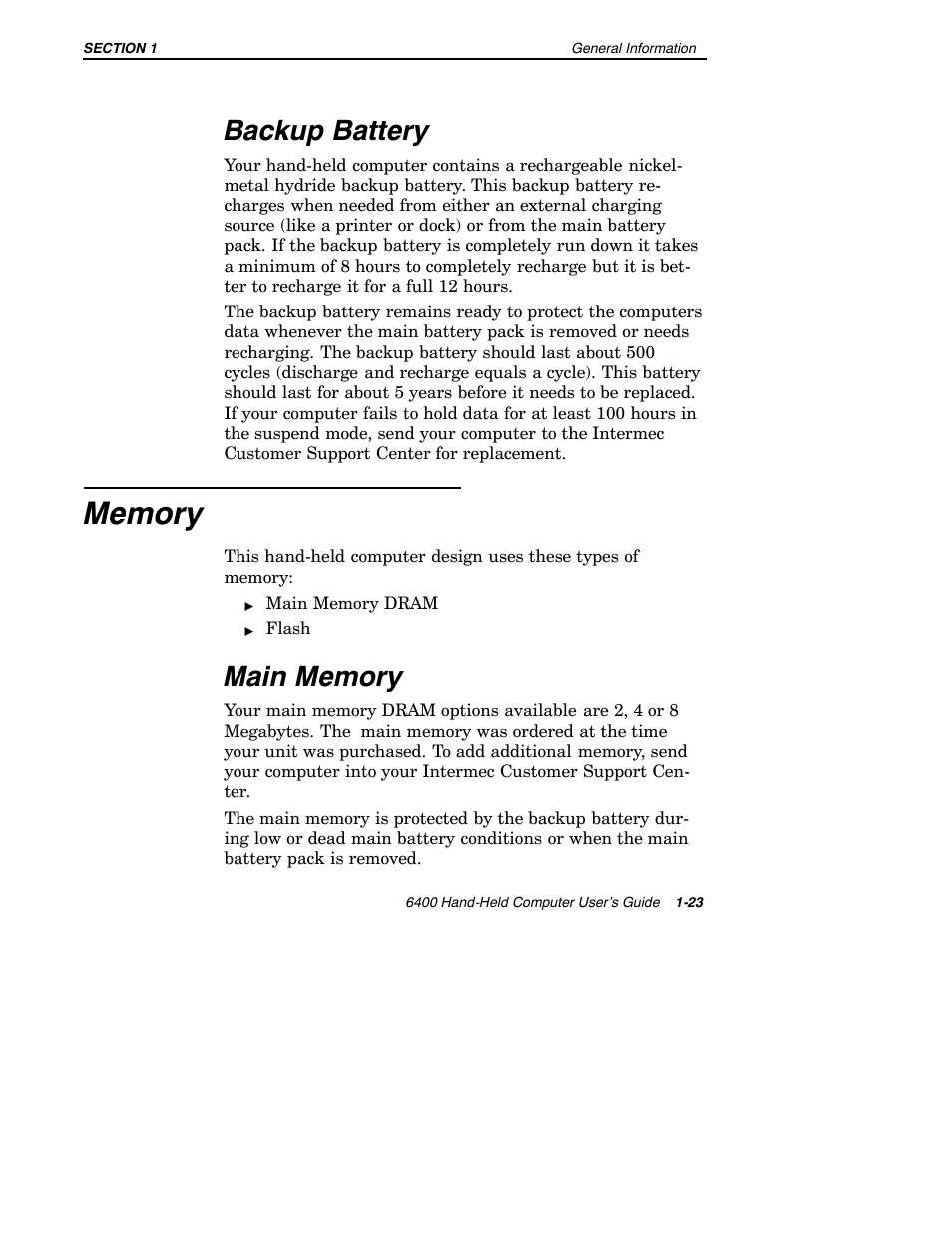Backup battery | Intermec 6400 User Manual | Page 31 / 196