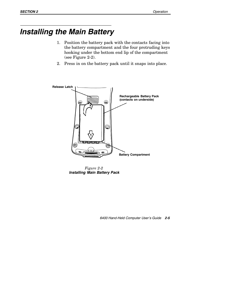 Installing the main battery | Intermec 6400 User Manual | Page 47 / 196
