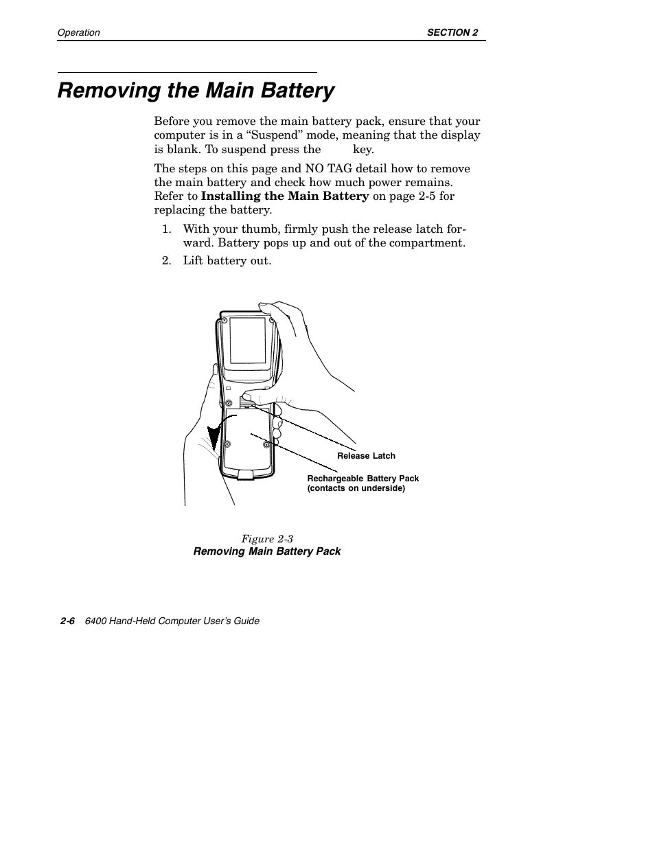 Removing the main battery | Intermec 6400 User Manual | Page 48 / 196