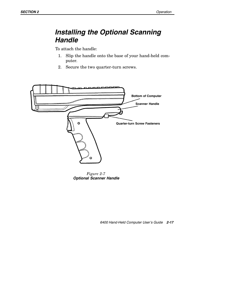 Installing the optional scanning handle | Intermec 6400 User Manual | Page 59 / 196