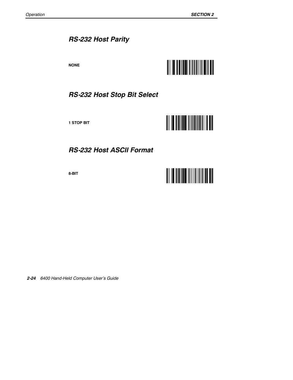 Rs-232 host parity, Rs-232 host stop bit select, Rs-232 host ascii format | Intermec 6400 User Manual | Page 66 / 196