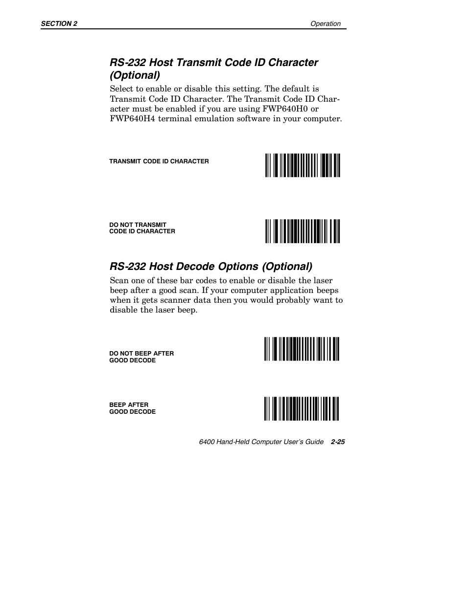 Rs-232 host transmit code id character (optional), Rs-232 host decode options (optional) | Intermec 6400 User Manual | Page 67 / 196