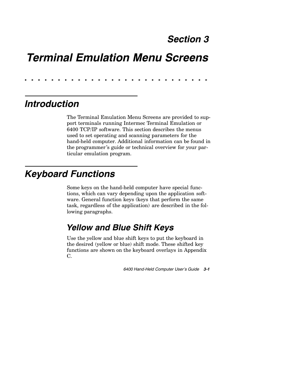 Terminal emulation menu screens, Introduction, Keyboard functions | Yellow and blue shift keys | Intermec 6400 User Manual | Page 73 / 196