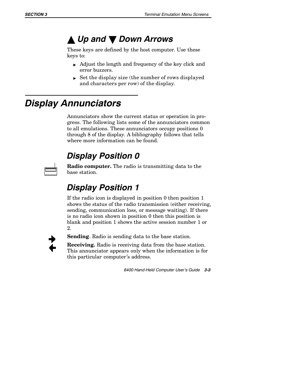 Display annunciators, Yup and b down arrows, Display position 0 | Display position 1 | Intermec 6400 User Manual | Page 75 / 196