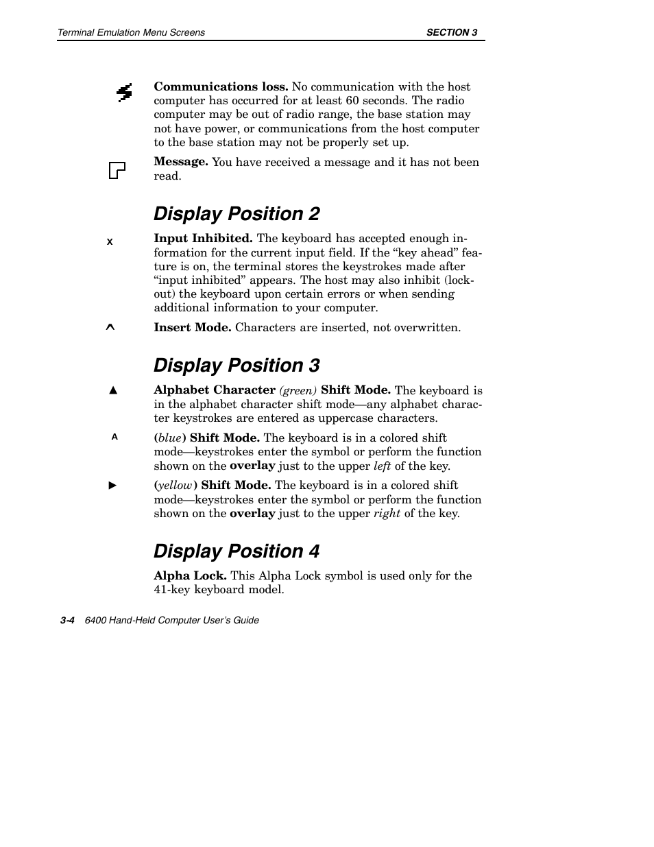 Display position 2, Display position 3, Display position 4 | Intermec 6400 User Manual | Page 76 / 196