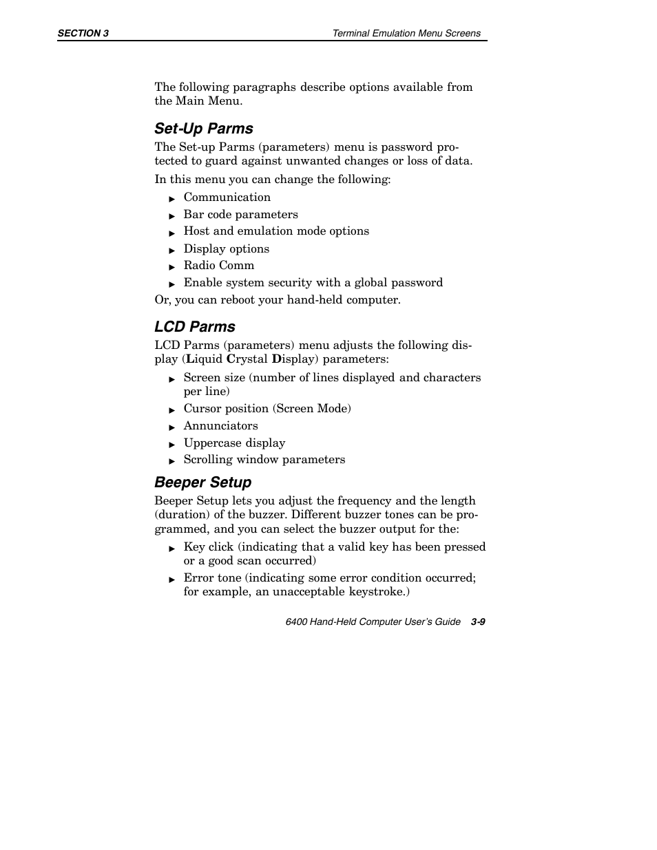 Set-up parms, Lcd parms, Beeper setup | Intermec 6400 User Manual | Page 81 / 196