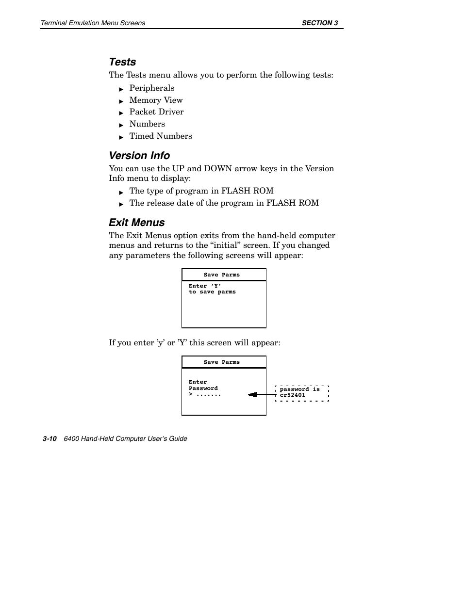 Tests, Version info, Exit menus | Intermec 6400 User Manual | Page 82 / 196