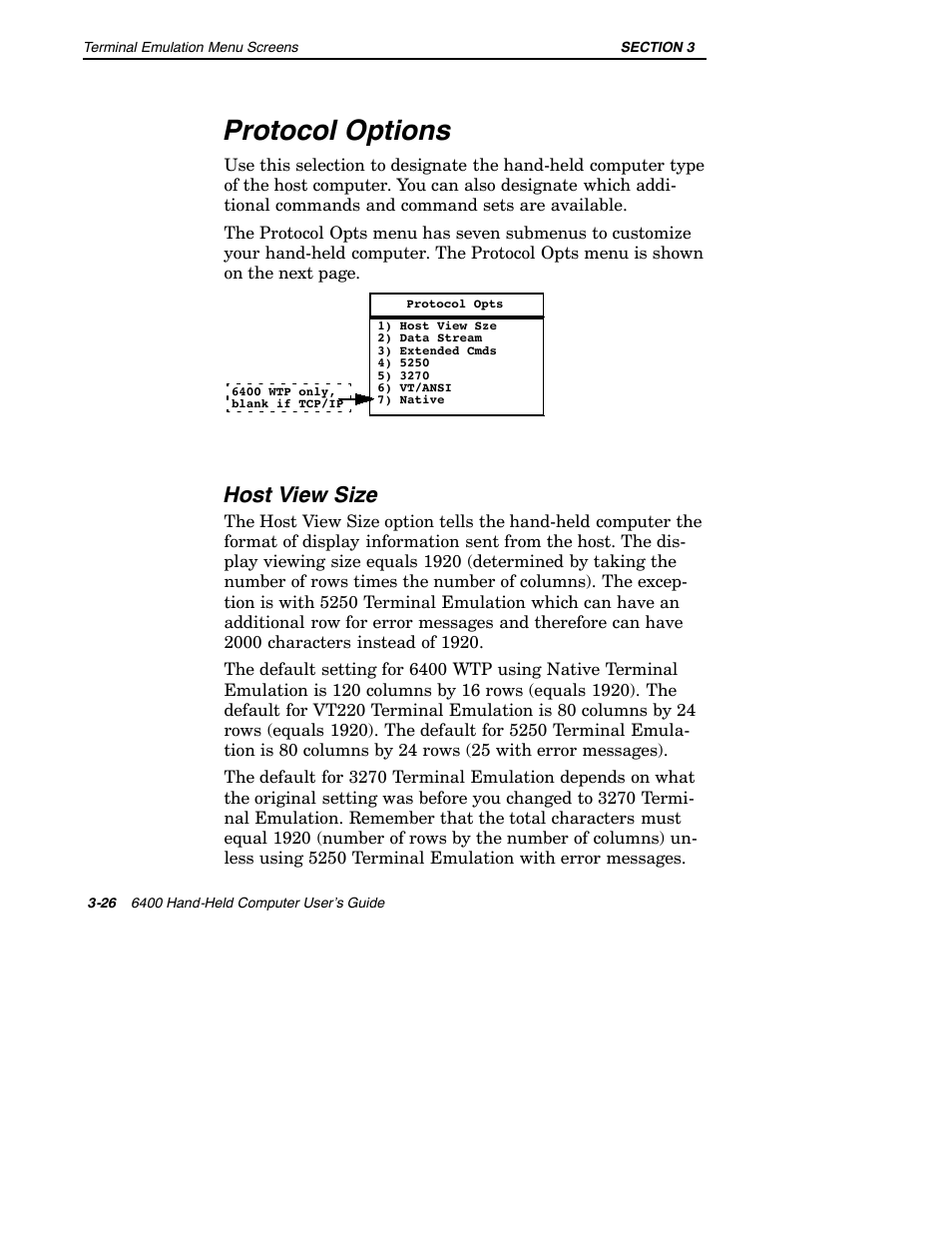 Protocol options, Host view size | Intermec 6400 User Manual | Page 98 / 196