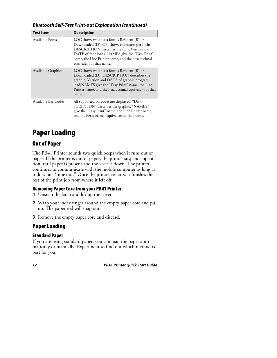 Paper loading, Out of paper | Intermec PB41 User Manual | Page 12 / 24