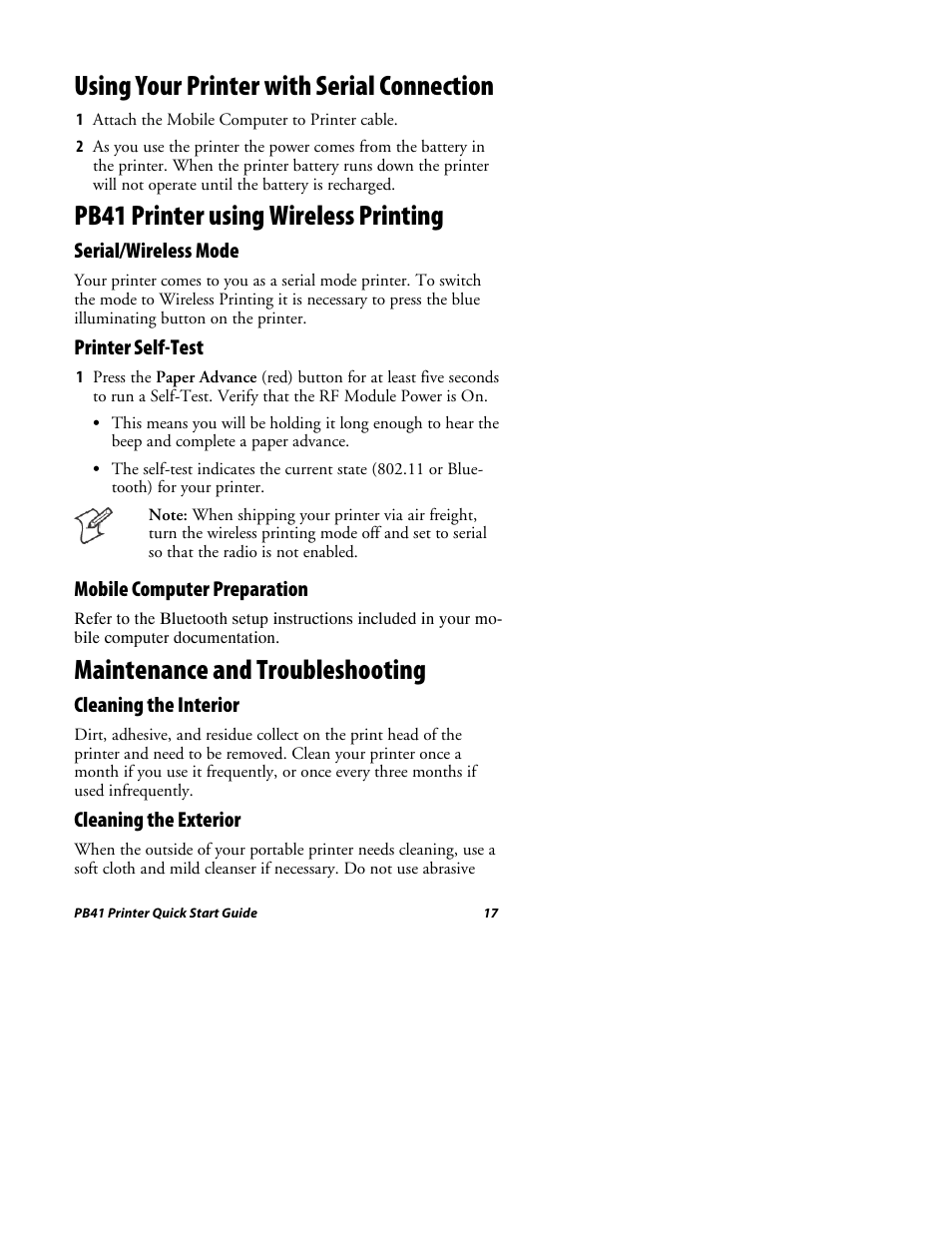 Using your printer with serial connection, Pb41 printer using wireless printing, Maintenance and troubleshooting | Intermec PB41 User Manual | Page 17 / 24