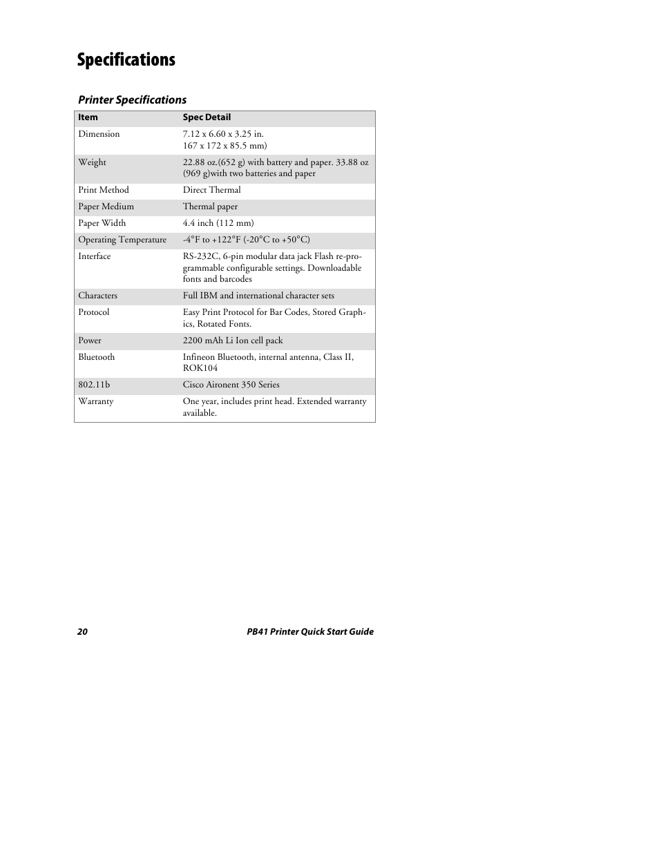 Specifications | Intermec PB41 User Manual | Page 20 / 24