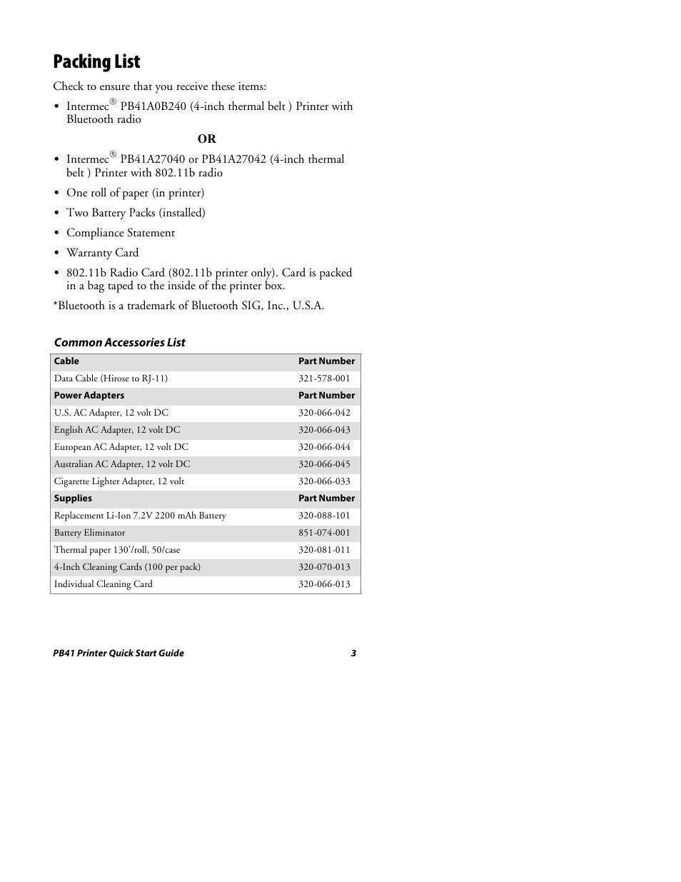 Packing list | Intermec PB41 User Manual | Page 3 / 24