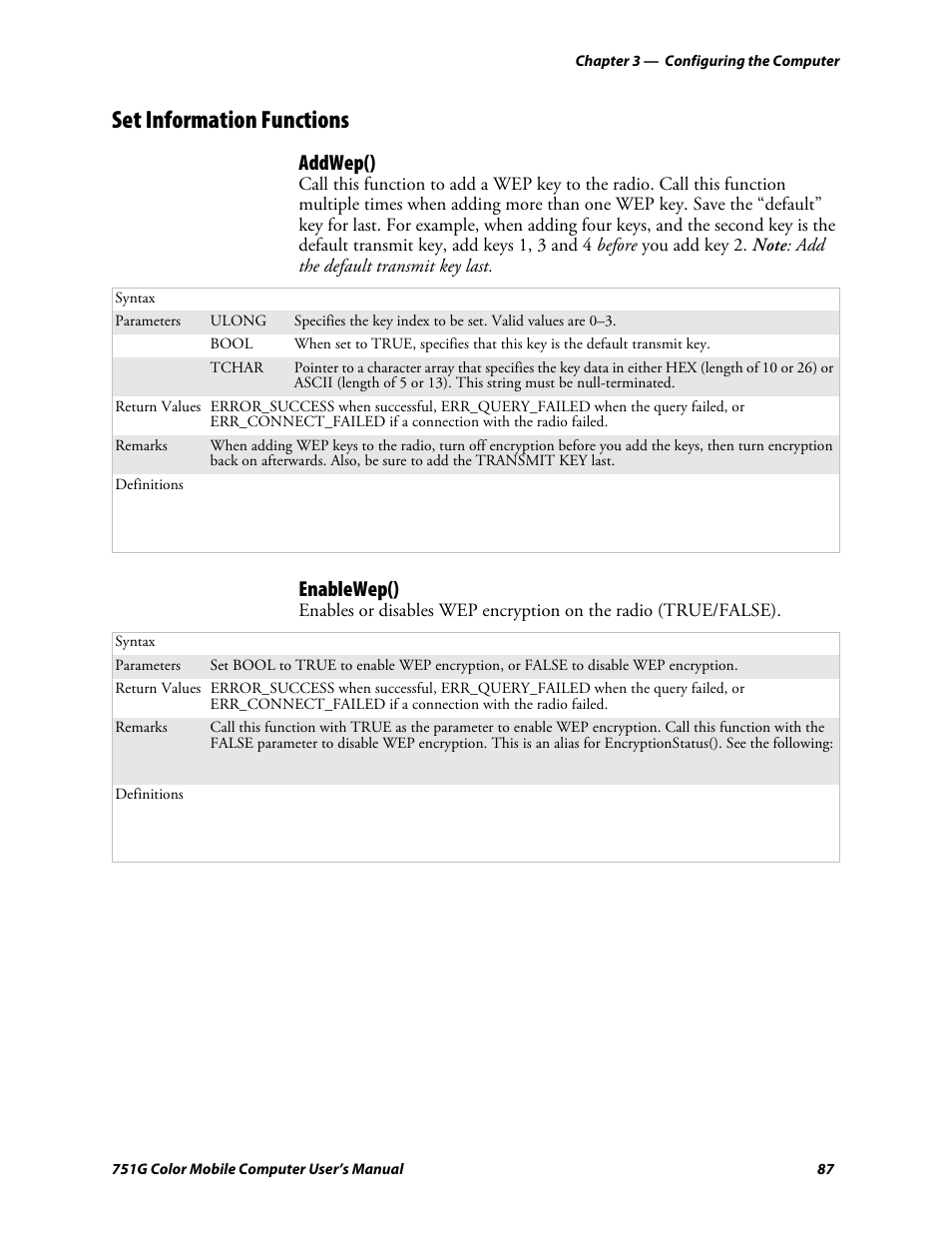 Set information functions, Addwep(), Enablewep() | Intermec 751G User Manual | Page 101 / 156
