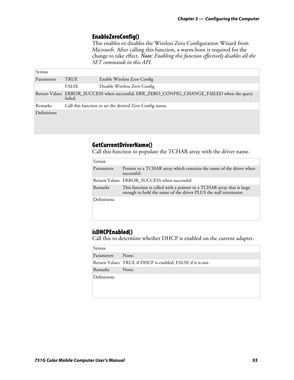 Enablezeroconfig(), Getcurrentdrivername(), Isdhcpenabled() | Intermec 751G User Manual | Page 107 / 156