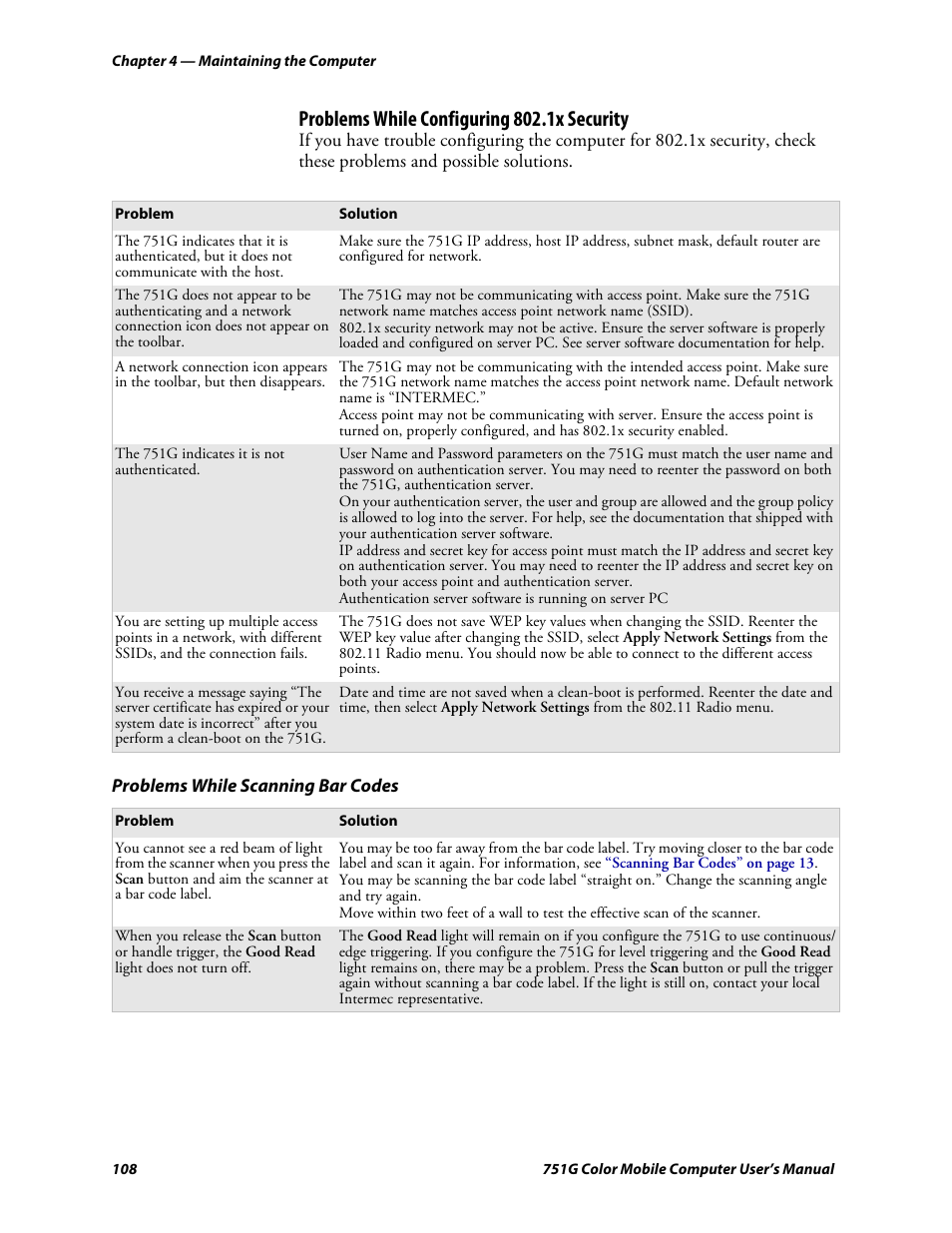 Problems while configuring 802.1x security | Intermec 751G User Manual | Page 122 / 156
