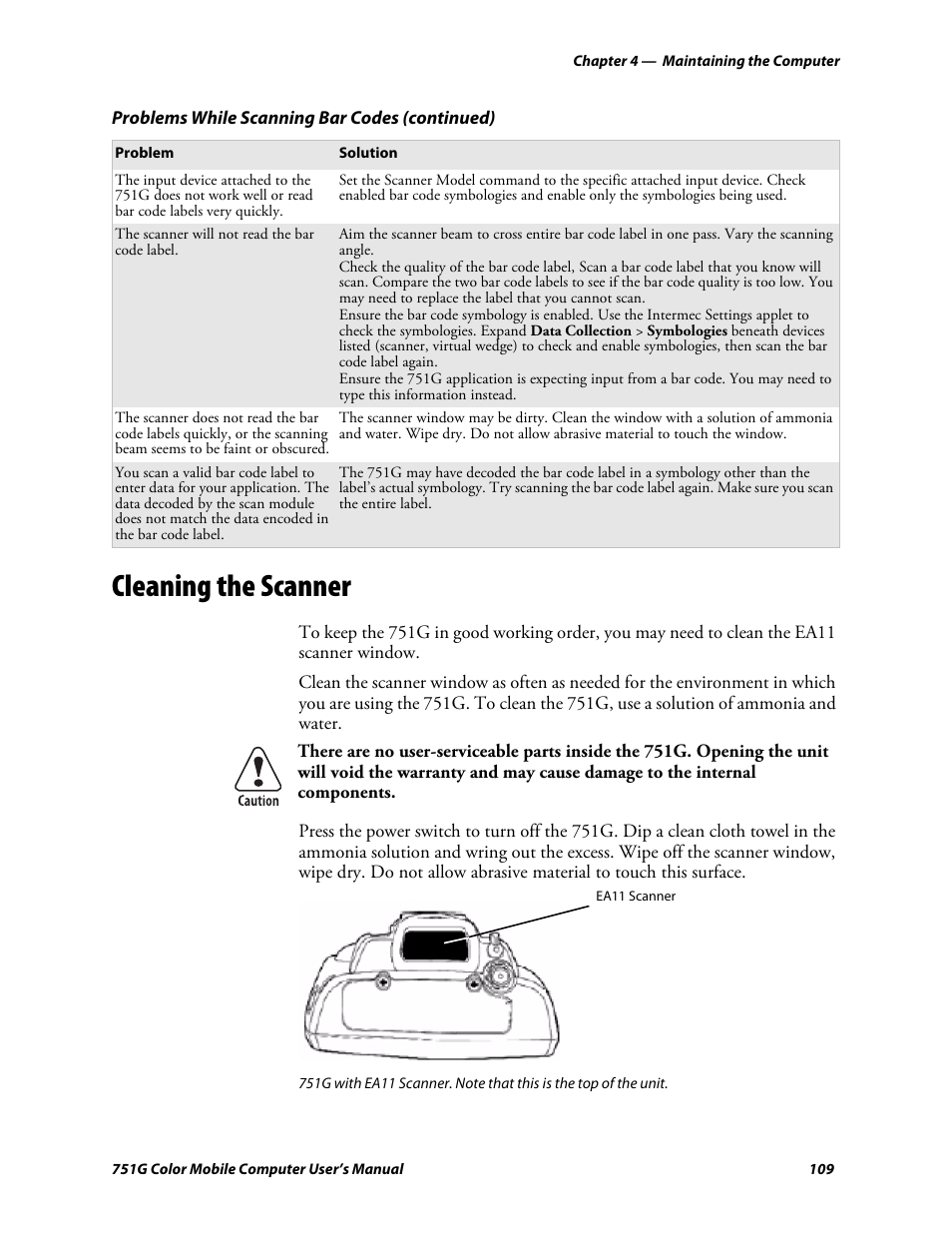 Cleaning the scanner | Intermec 751G User Manual | Page 123 / 156