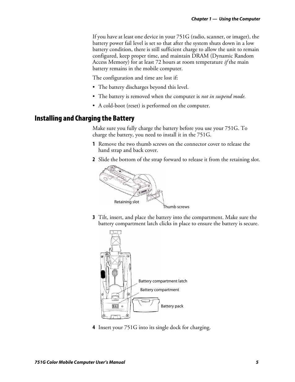 Installing and charging the battery | Intermec 751G User Manual | Page 19 / 156