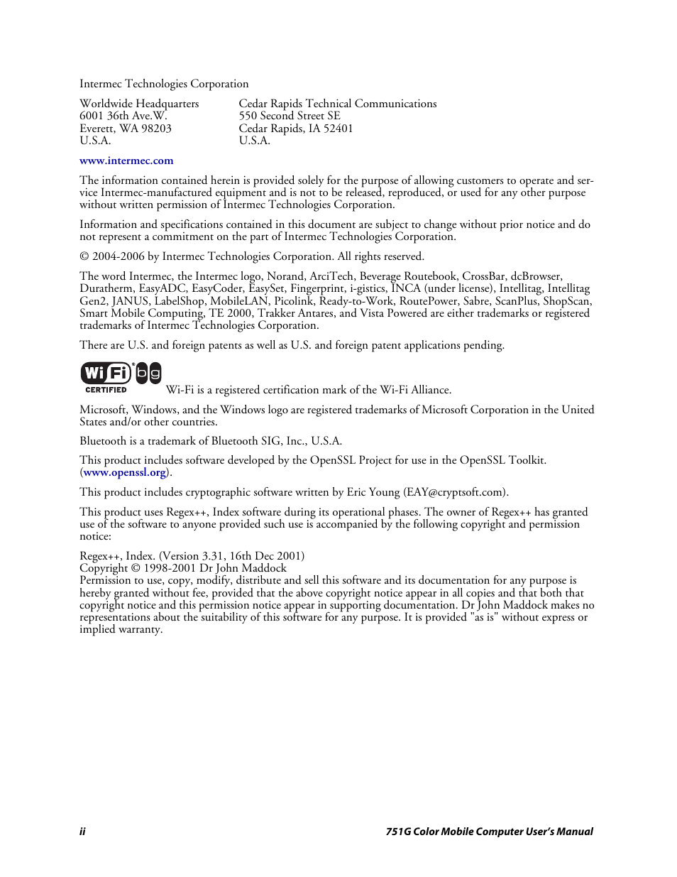 Legal information | Intermec 751G User Manual | Page 2 / 156