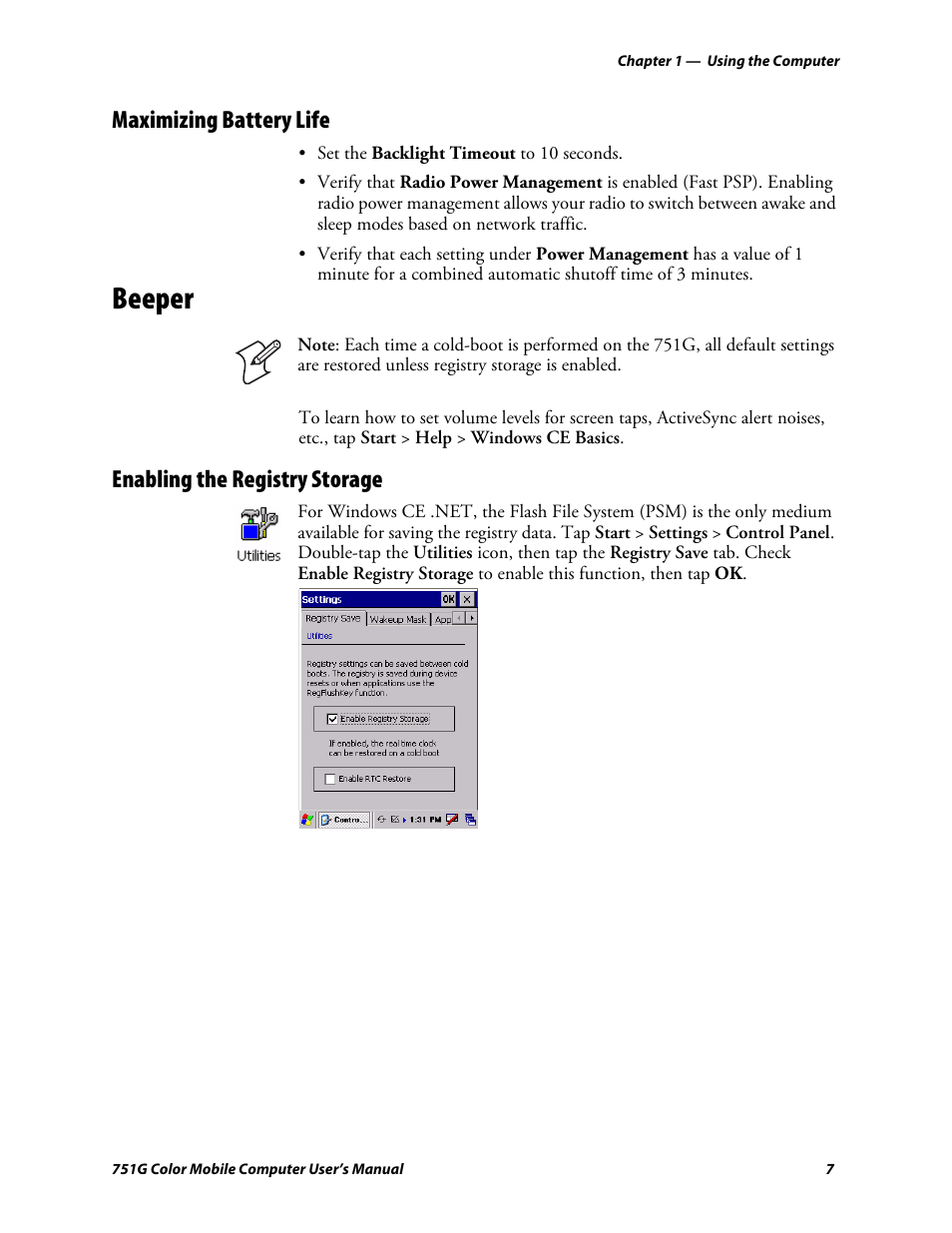 Maximizing battery life, Beeper, Enabling the registry storage | Intermec 751G User Manual | Page 21 / 156