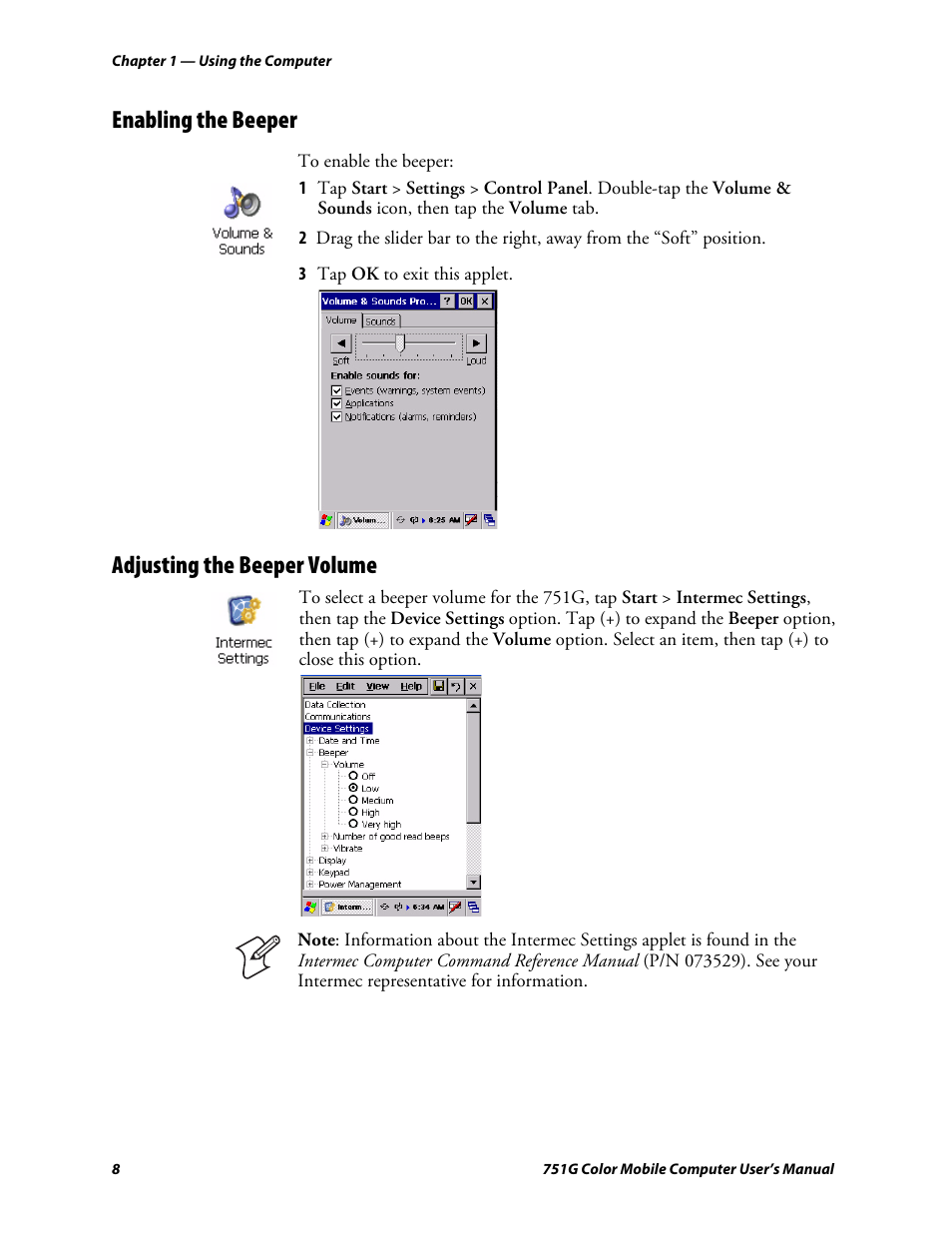 Enabling the beeper, Adjusting the beeper volume | Intermec 751G User Manual | Page 22 / 156