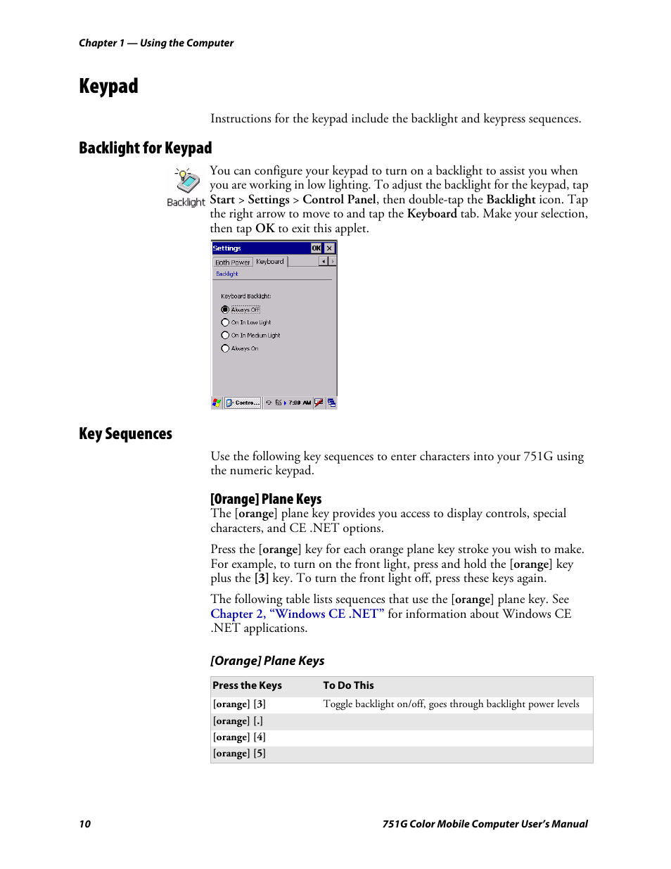 Keypad, Backlight for keypad, Key sequences | Orange] plane keys, Backlight for keypad key sequences | Intermec 751G User Manual | Page 24 / 156