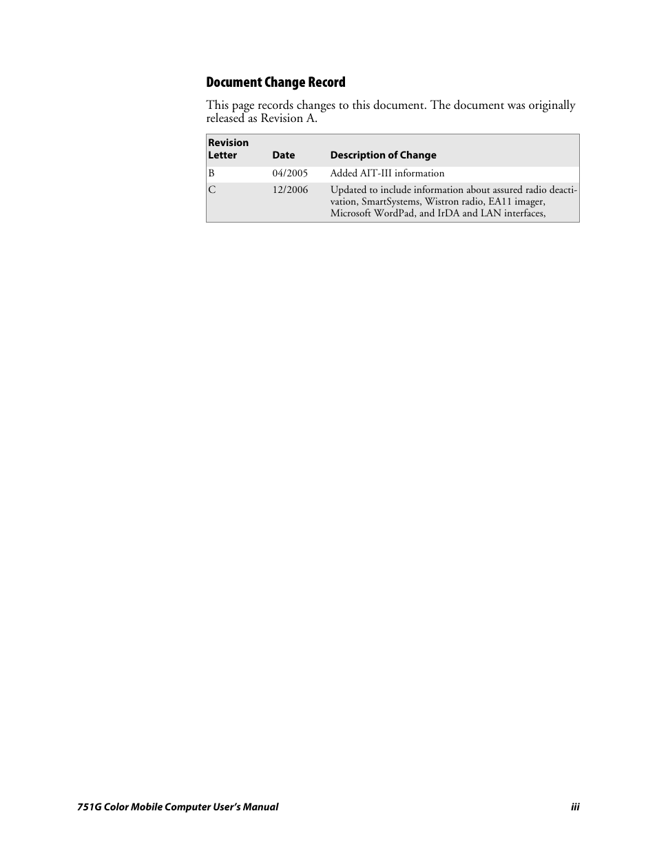 Document change record | Intermec 751G User Manual | Page 3 / 156