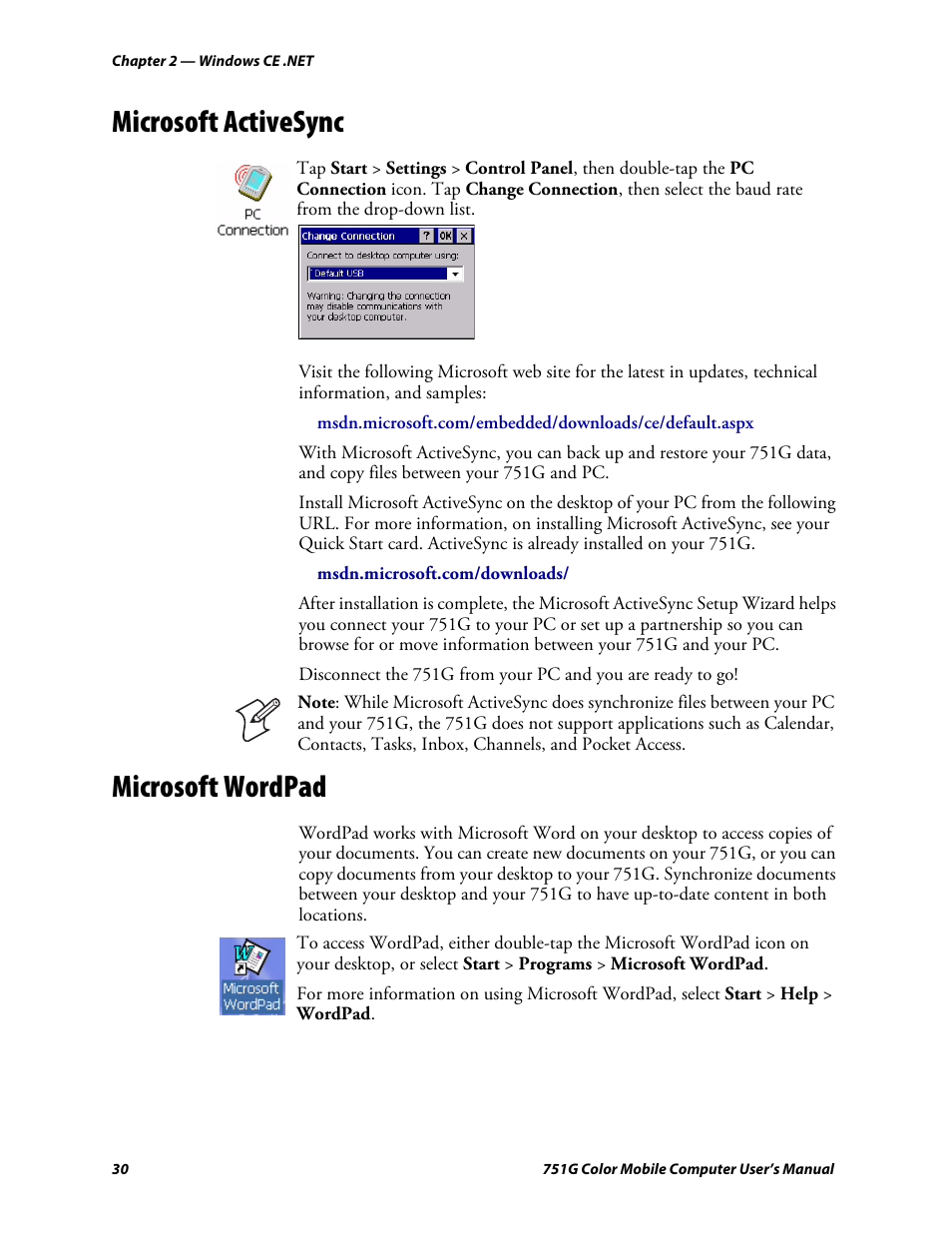 Microsoft activesync, Microsoft wordpad | Intermec 751G User Manual | Page 44 / 156