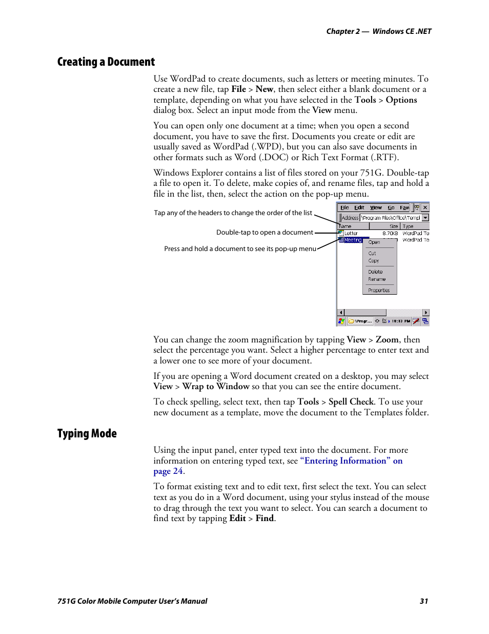 Creating a document, Typing mode | Intermec 751G User Manual | Page 45 / 156