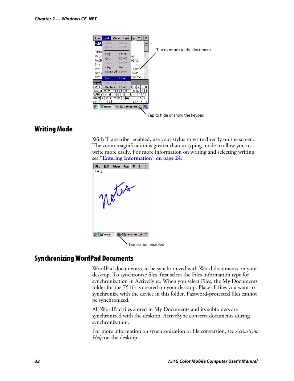 Writing mode, Synchronizing wordpad documents | Intermec 751G User Manual | Page 46 / 156