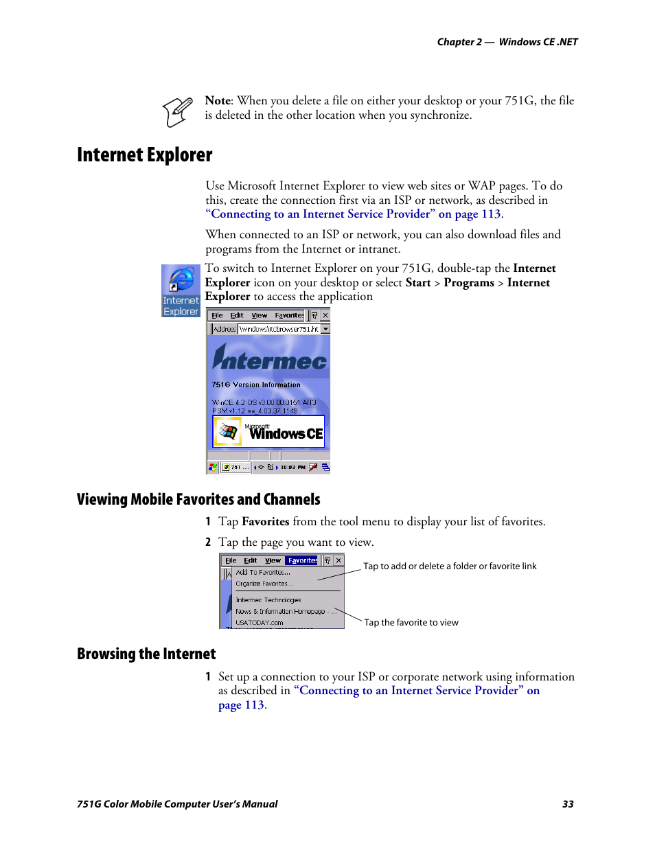 Internet explorer, Viewing mobile favorites and channels, Browsing the internet | Intermec 751G User Manual | Page 47 / 156
