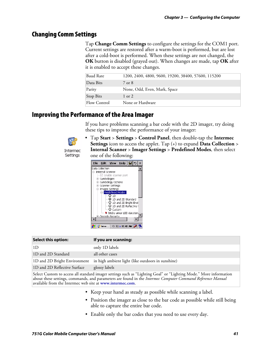 Changing comm settings, Improving the performance of the area imager | Intermec 751G User Manual | Page 55 / 156