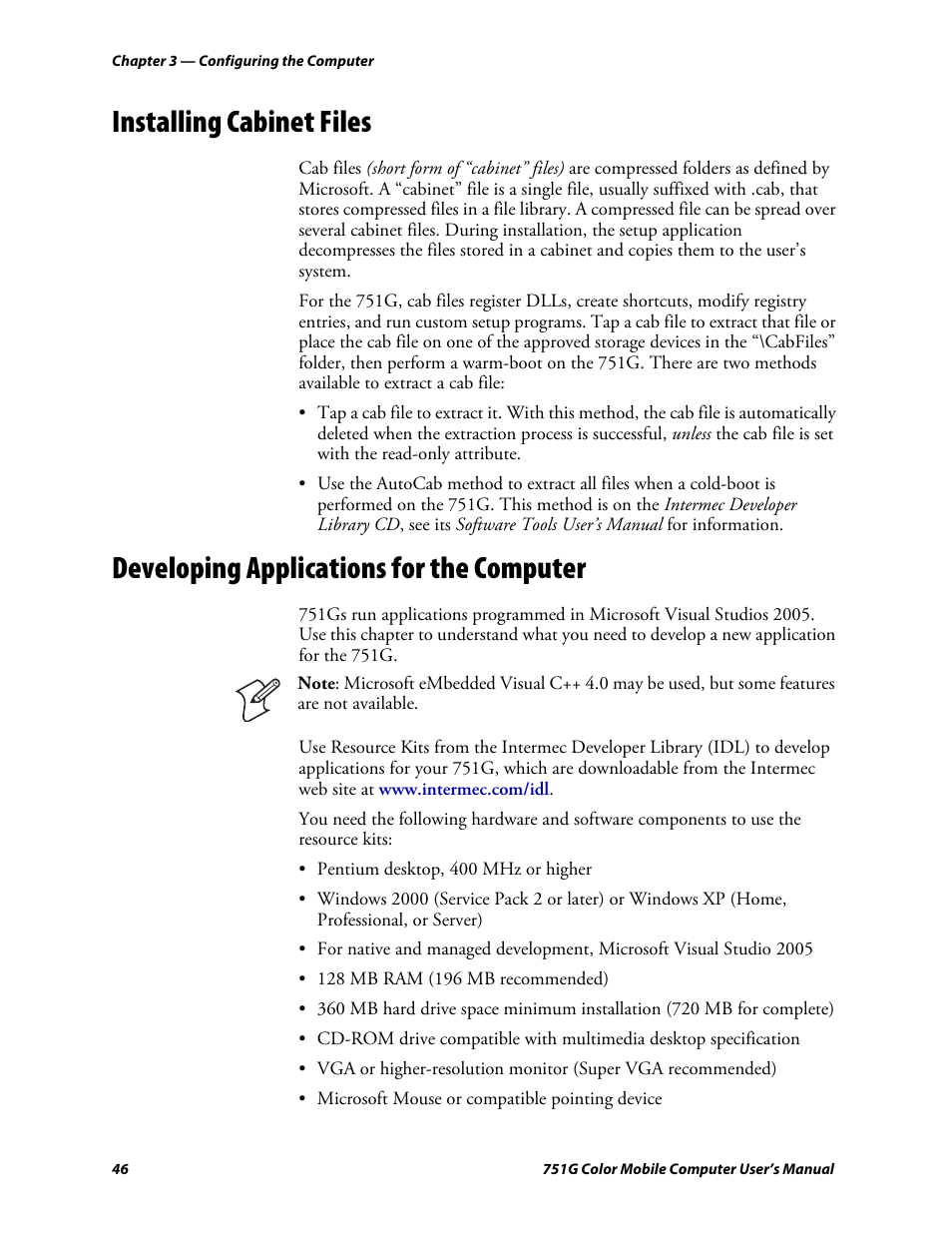 Installing cabinet files, Developing applications for the computer | Intermec 751G User Manual | Page 60 / 156