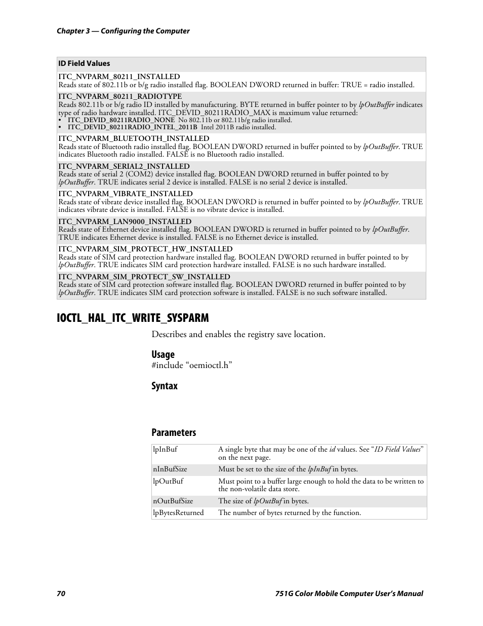 Ioctl_hal_itc_write_sysparm, Usage, Syntax | Parameters | Intermec 751G User Manual | Page 84 / 156
