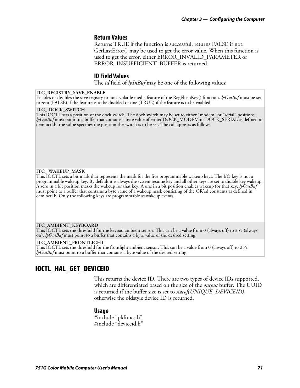 Ioctl_hal_get_deviceid, Return values, Id field values | Usage | Intermec 751G User Manual | Page 85 / 156