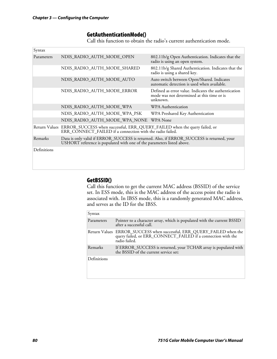 Getauthenticationmode(), Getbssid() | Intermec 751G User Manual | Page 94 / 156