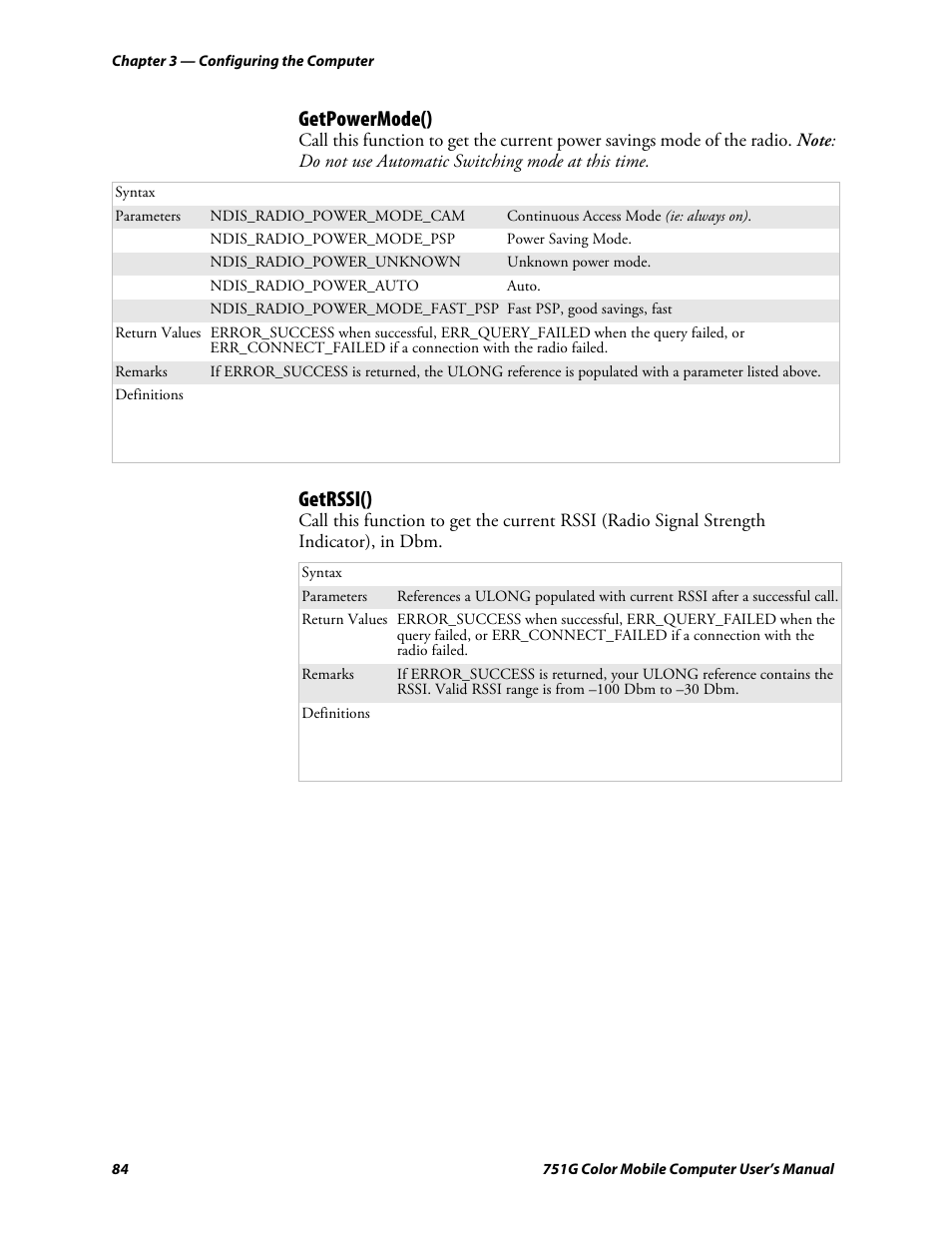 Getpowermode(), Getrssi() | Intermec 751G User Manual | Page 98 / 156