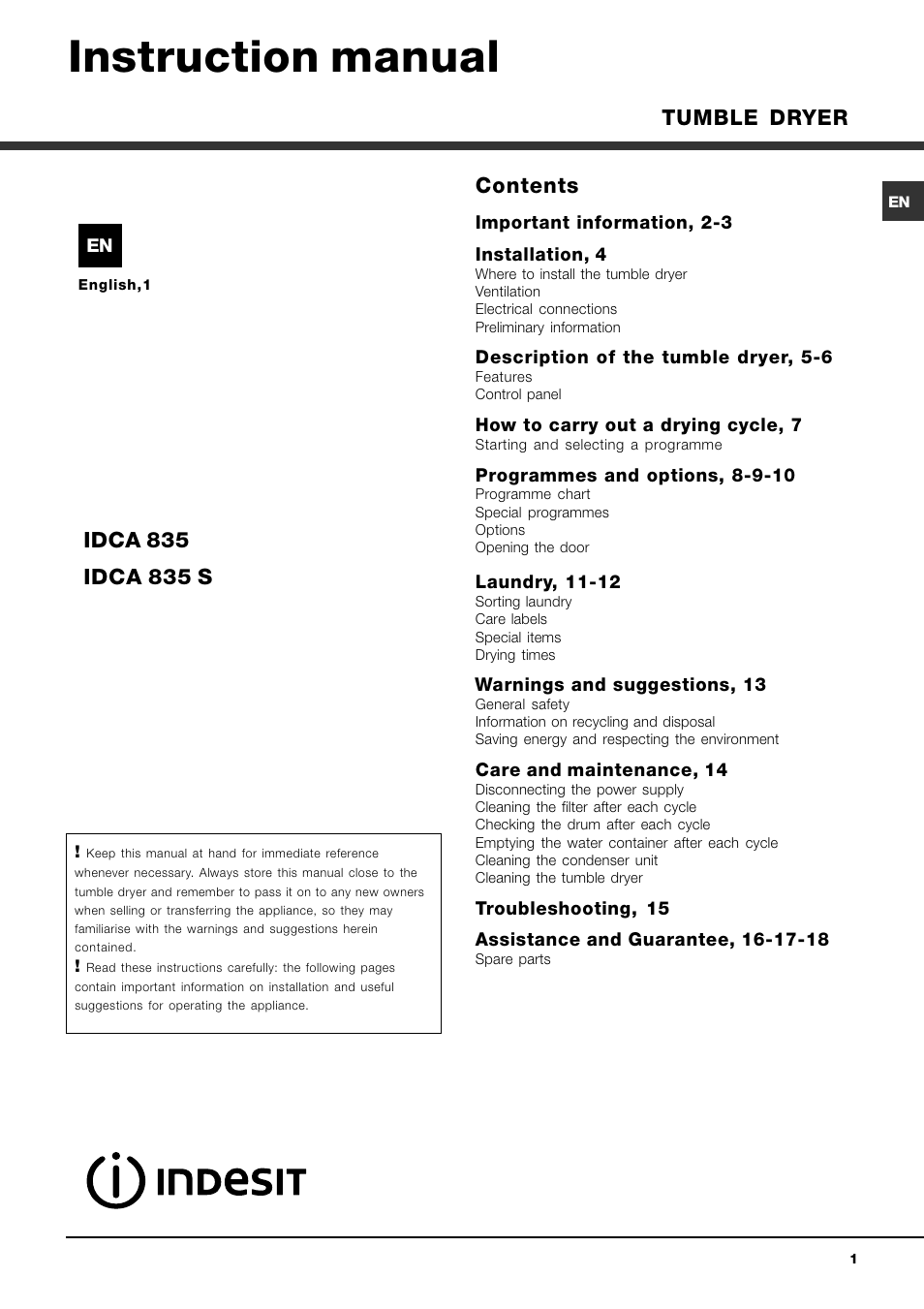 Indesit IDCA 835 User Manual | 20 pages